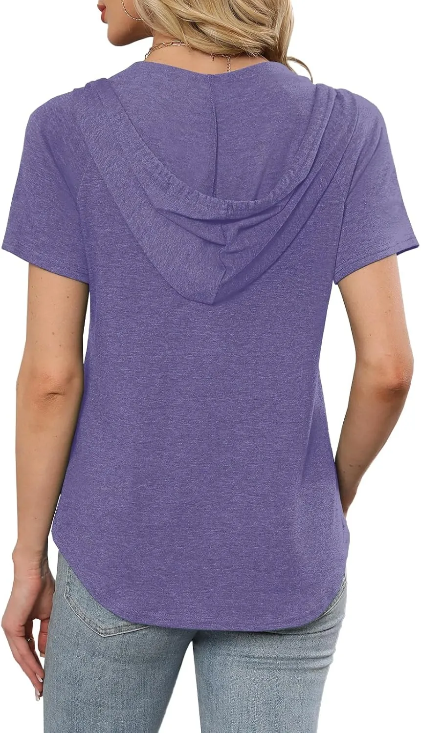 Womens Summer Tops Fashion Short Sleeve Hoodie Shirts Casual Loose Tunic Sweatshirts