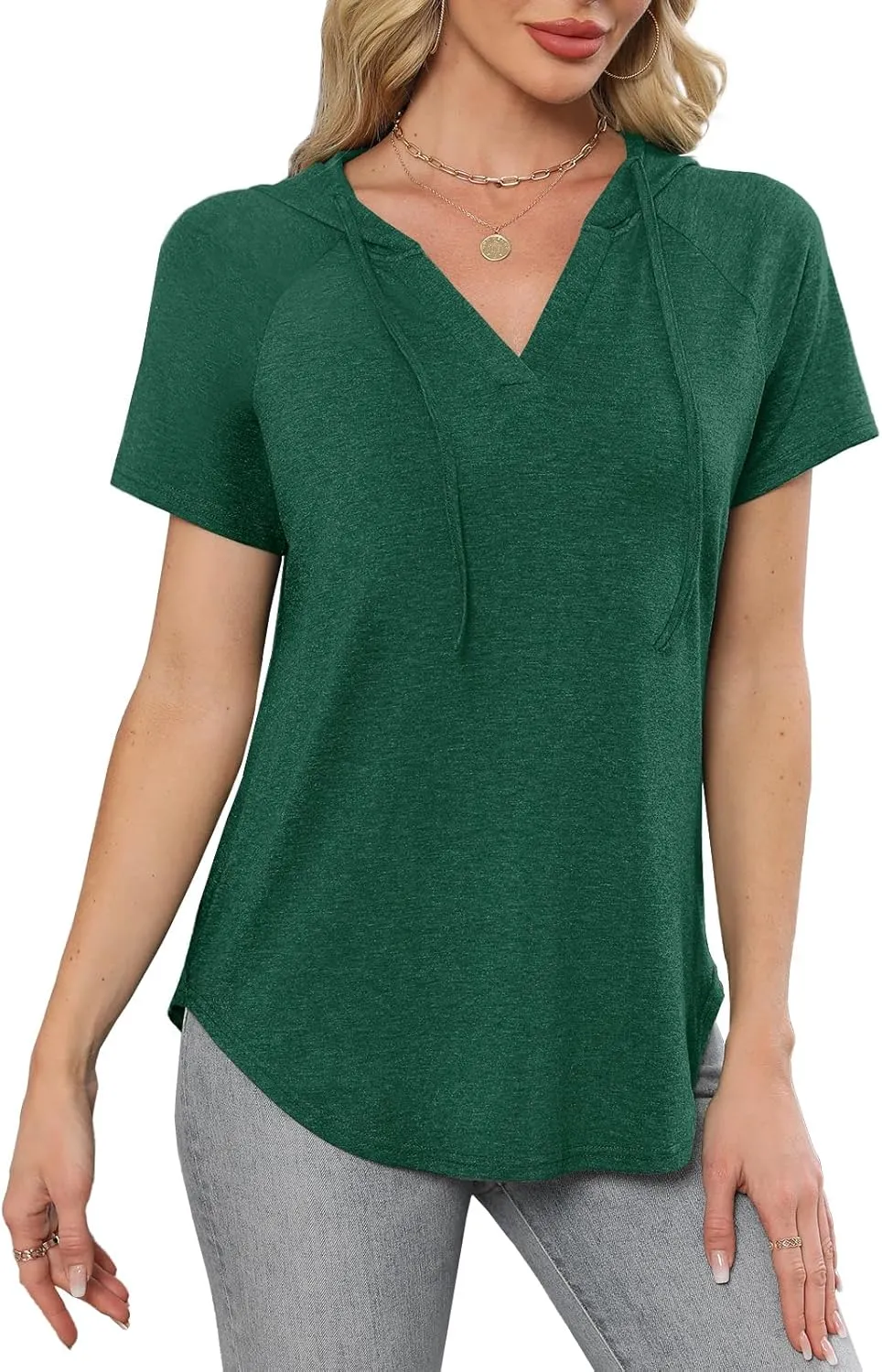 Womens Summer Tops Fashion Short Sleeve Hoodie Shirts Casual Loose Tunic Sweatshirts