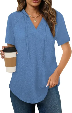Womens Summer Tops Fashion Short Sleeve Hoodie Shirts Casual Loose Tunic Sweatshirts