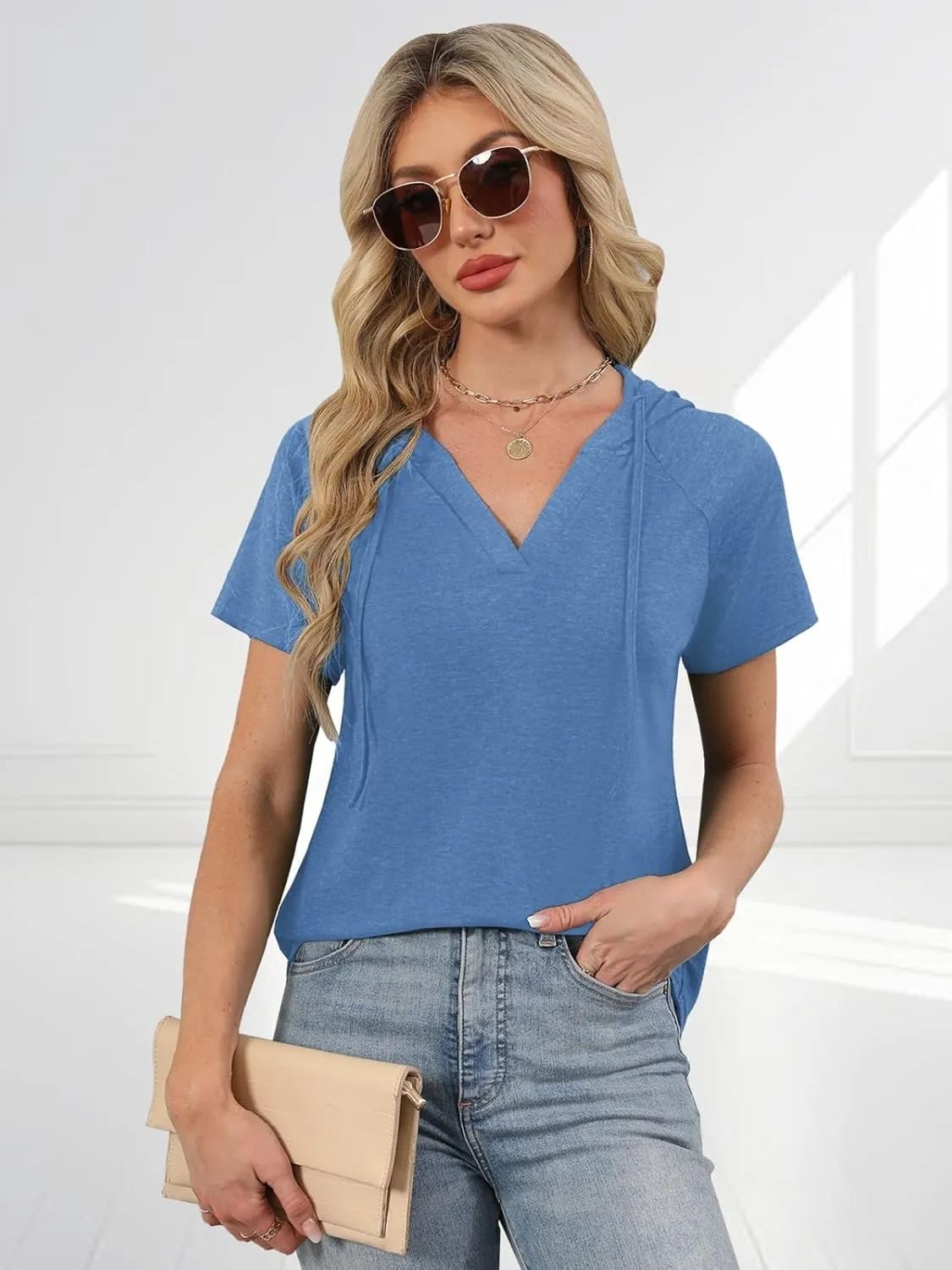 Womens Summer Tops Fashion Short Sleeve Hoodie Shirts Casual Loose Tunic Sweatshirts