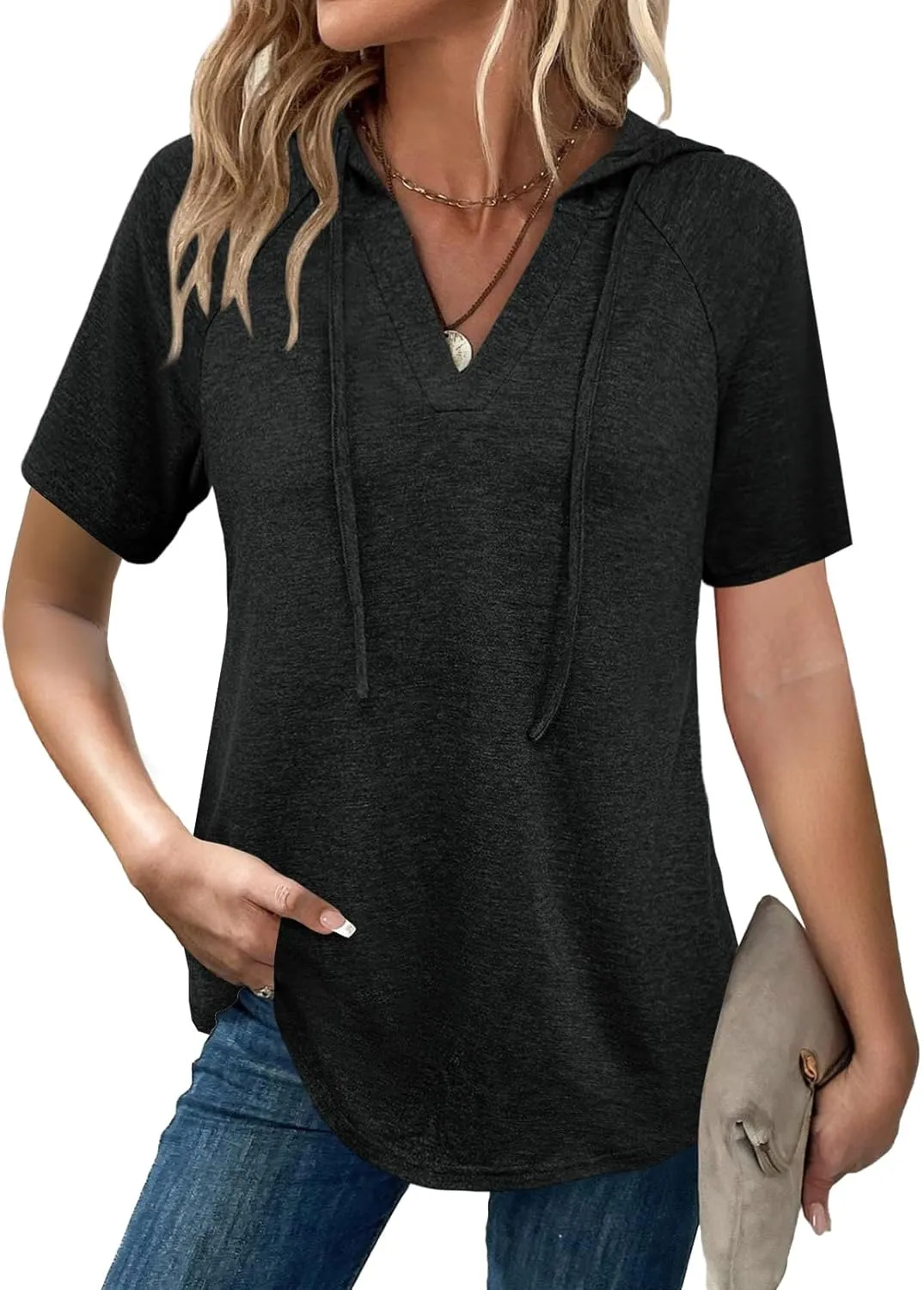 Womens Summer Tops Fashion Short Sleeve Hoodie Shirts Casual Loose Tunic Sweatshirts