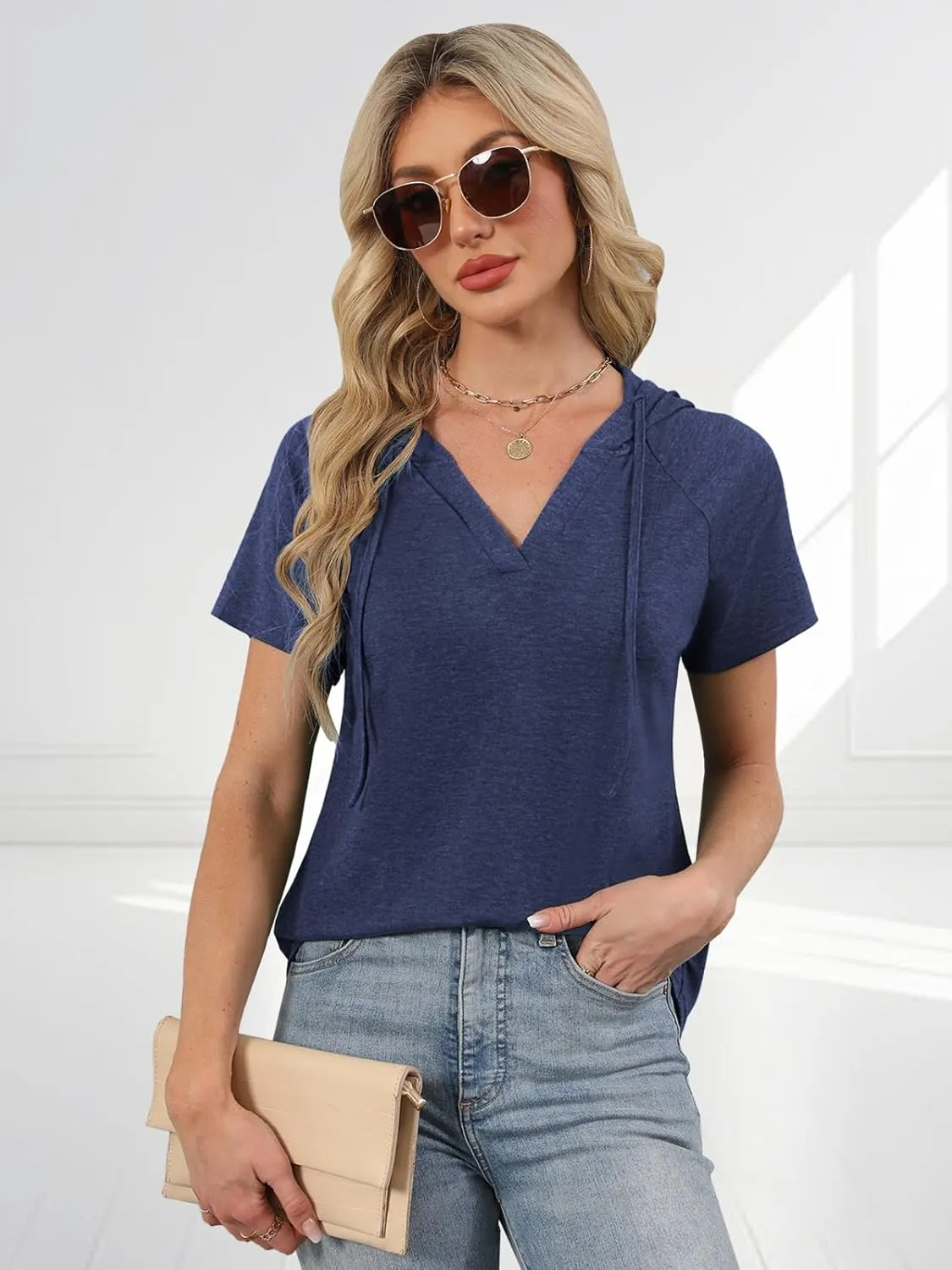 Womens Summer Tops Fashion Short Sleeve Hoodie Shirts Casual Loose Tunic Sweatshirts
