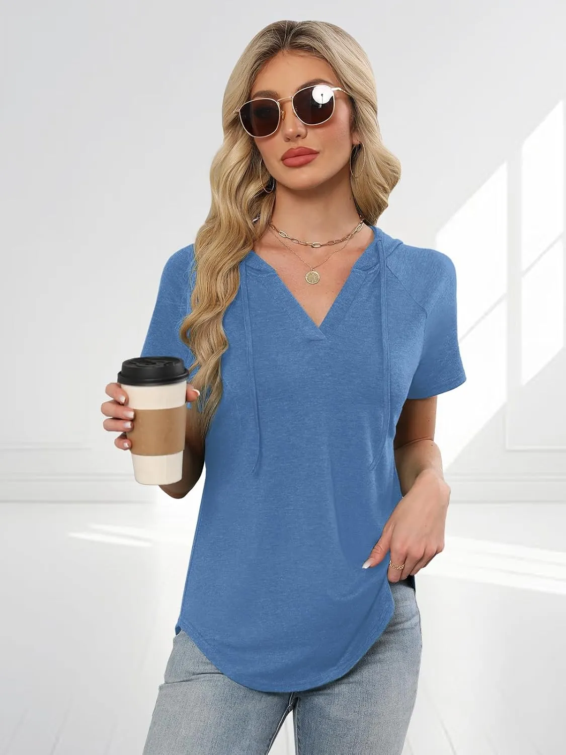 Womens Summer Tops Fashion Short Sleeve Hoodie Shirts Casual Loose Tunic Sweatshirts