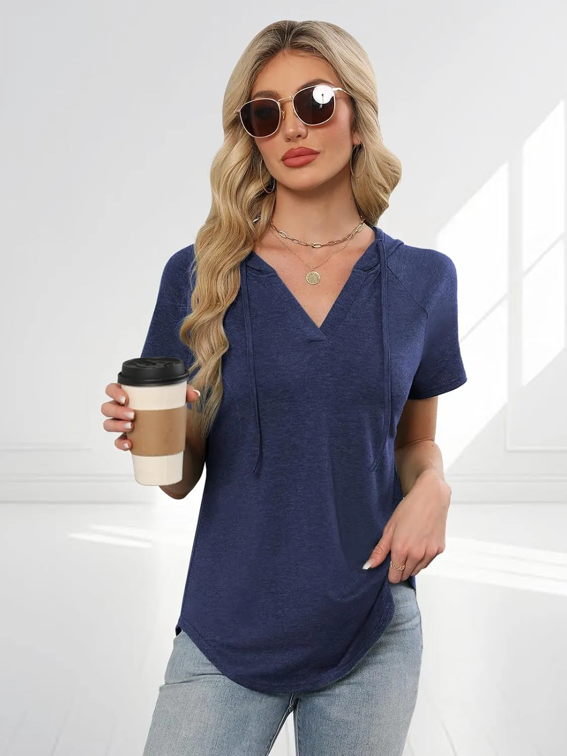 Womens Summer Tops Fashion Short Sleeve Hoodie Shirts Casual Loose Tunic Sweatshirts