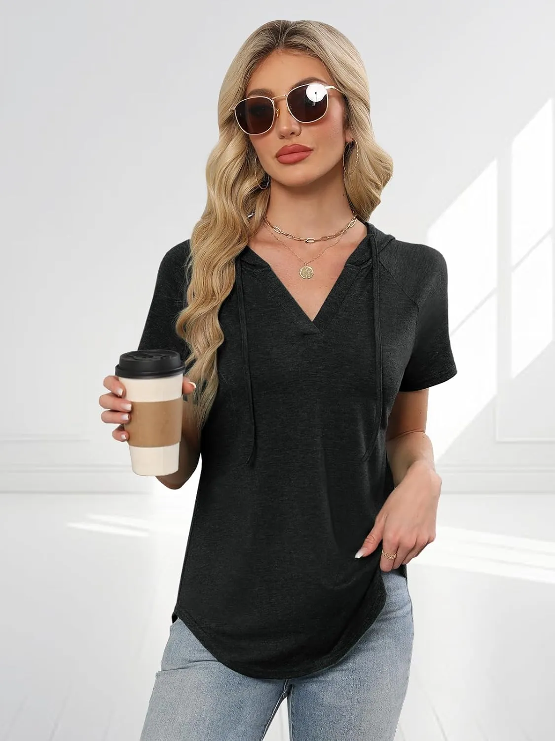 Womens Summer Tops Fashion Short Sleeve Hoodie Shirts Casual Loose Tunic Sweatshirts