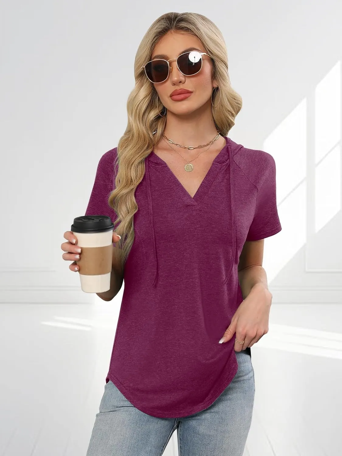 Womens Summer Tops Fashion Short Sleeve Hoodie Shirts Casual Loose Tunic Sweatshirts