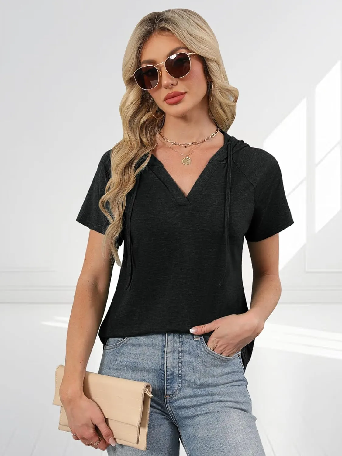 Womens Summer Tops Fashion Short Sleeve Hoodie Shirts Casual Loose Tunic Sweatshirts