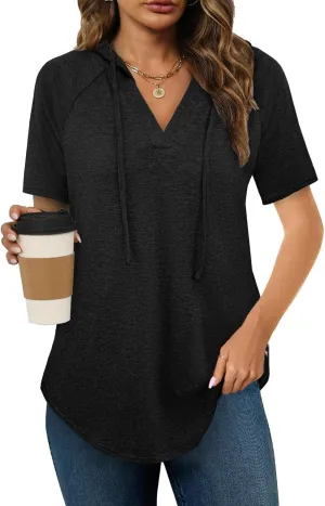 Womens Summer Tops Fashion Short Sleeve Hoodie Shirts Casual Loose Tunic Sweatshirts