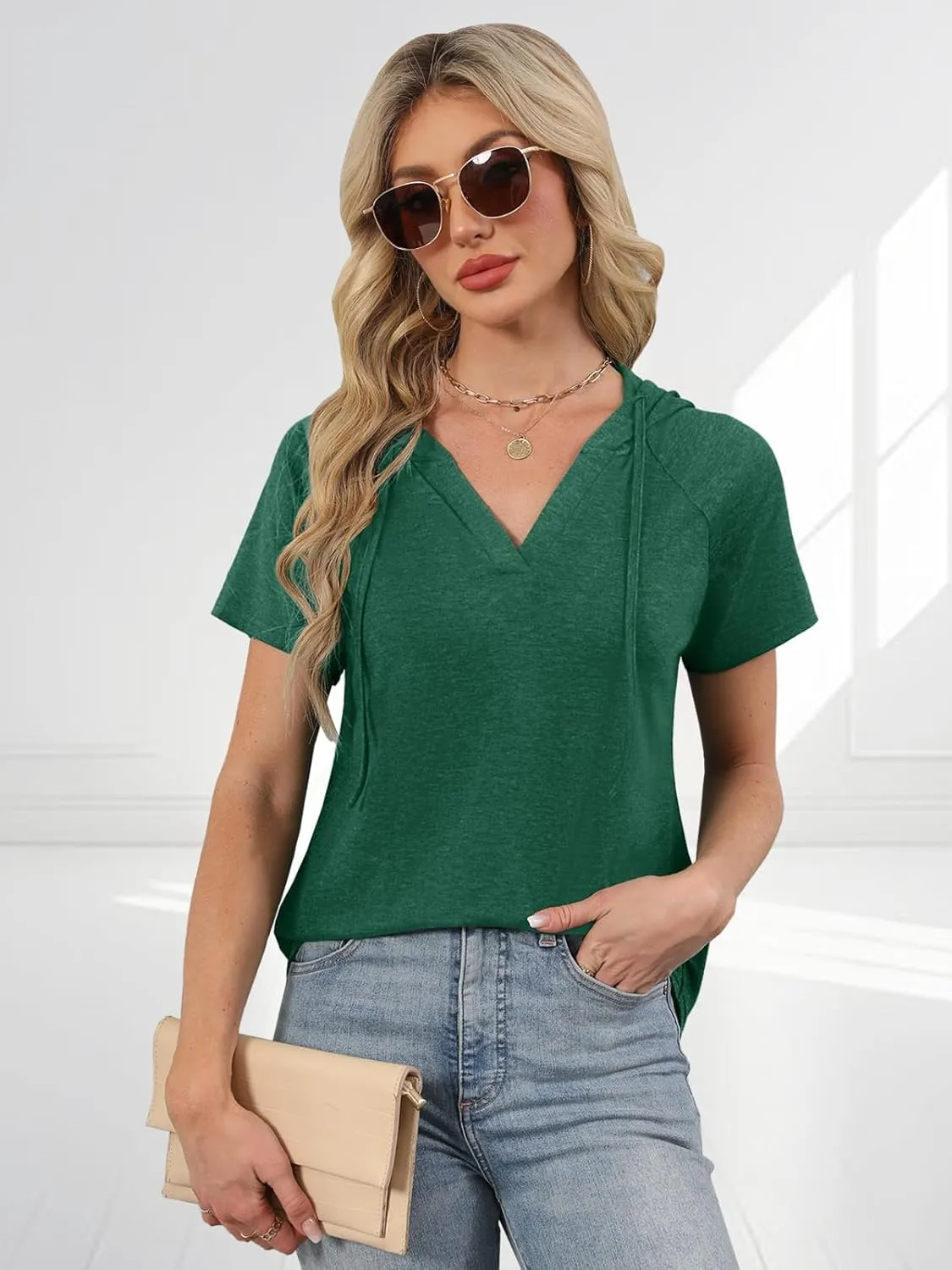 Womens Summer Tops Fashion Short Sleeve Hoodie Shirts Casual Loose Tunic Sweatshirts