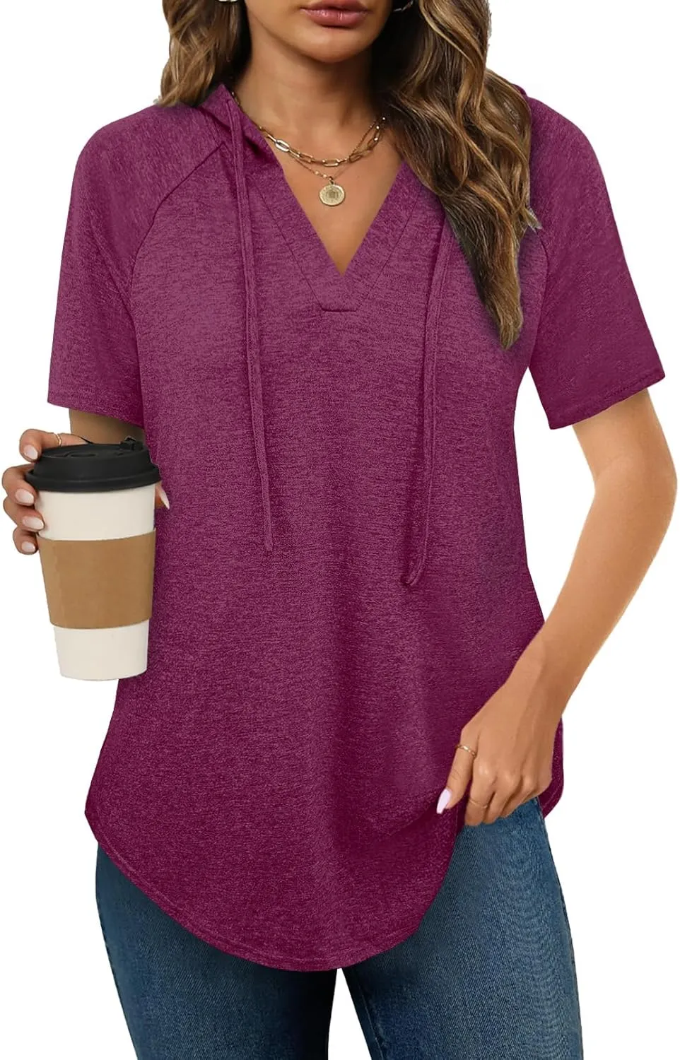 Womens Summer Tops Fashion Short Sleeve Hoodie Shirts Casual Loose Tunic Sweatshirts