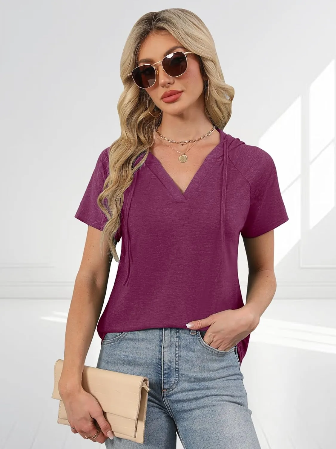Womens Summer Tops Fashion Short Sleeve Hoodie Shirts Casual Loose Tunic Sweatshirts