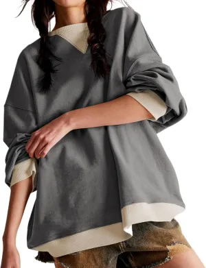 Women's Sweatshirt Fall Casual Crew Neck Pullover Loose Long Sleeve Tops Color Block Hoodies Oversized Shirts