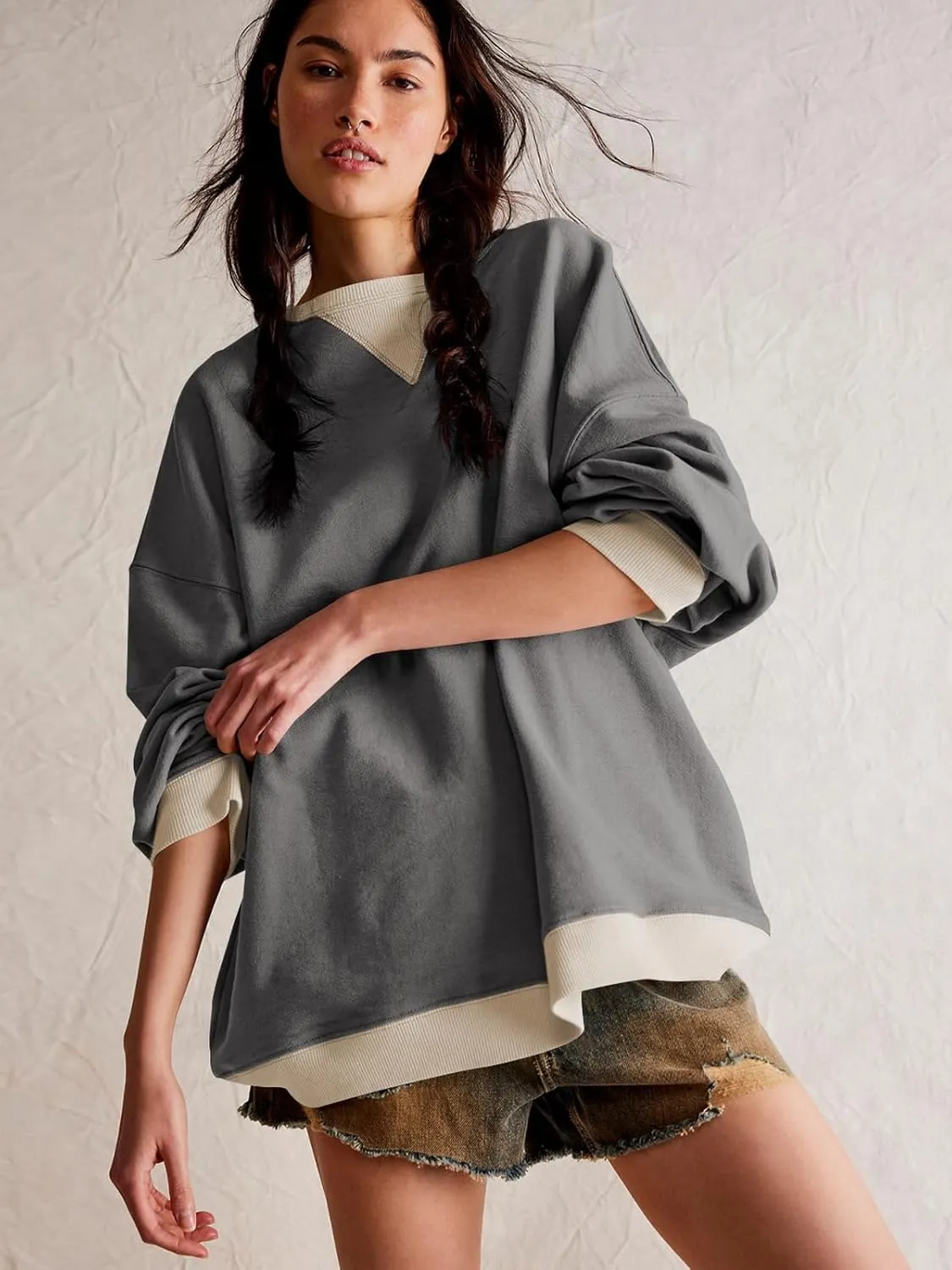Women's Sweatshirt Fall Casual Crew Neck Pullover Loose Long Sleeve Tops Color Block Hoodies Oversized Shirts