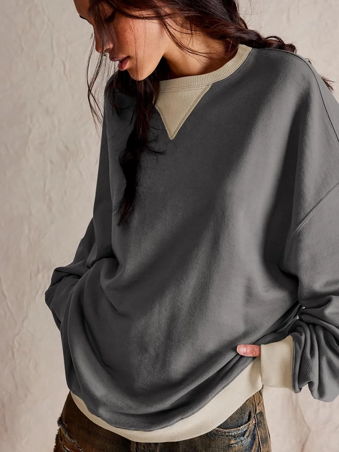 Women's Sweatshirt Fall Casual Crew Neck Pullover Loose Long Sleeve Tops Color Block Hoodies Oversized Shirts