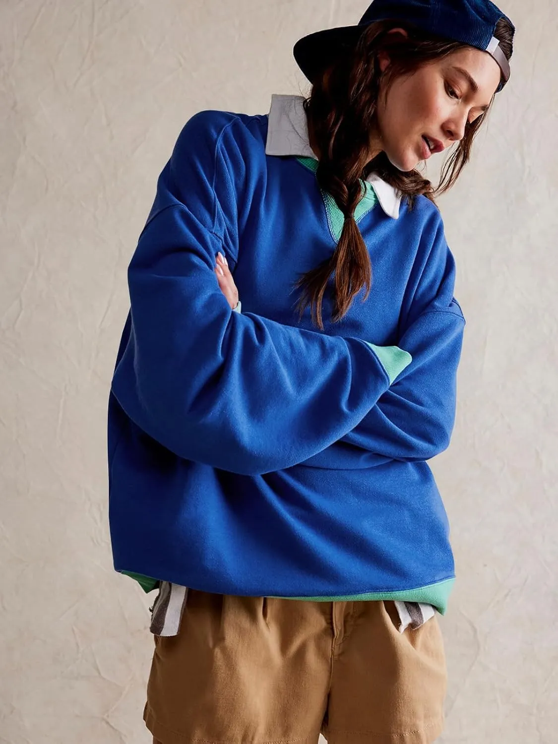 Women's Sweatshirt Fall Casual Crew Neck Pullover Loose Long Sleeve Tops Color Block Hoodies Oversized Shirts