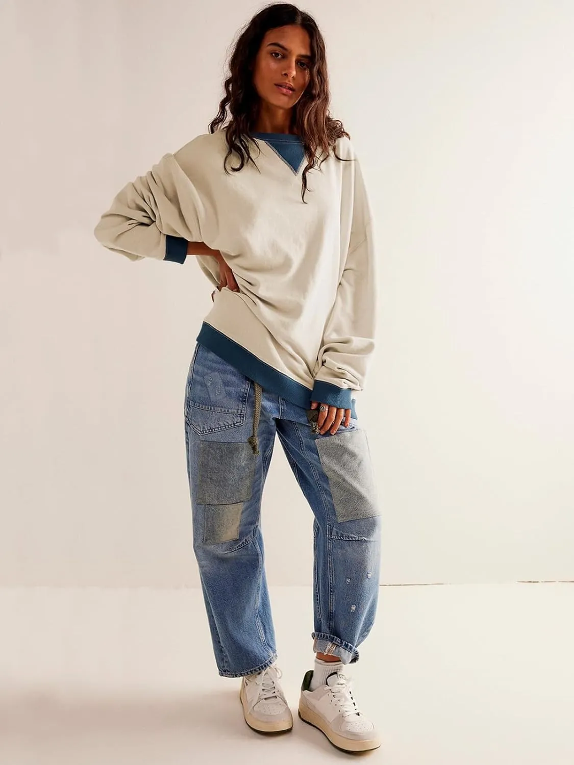 Women's Sweatshirt Fall Casual Crew Neck Pullover Loose Long Sleeve Tops Color Block Hoodies Oversized Shirts