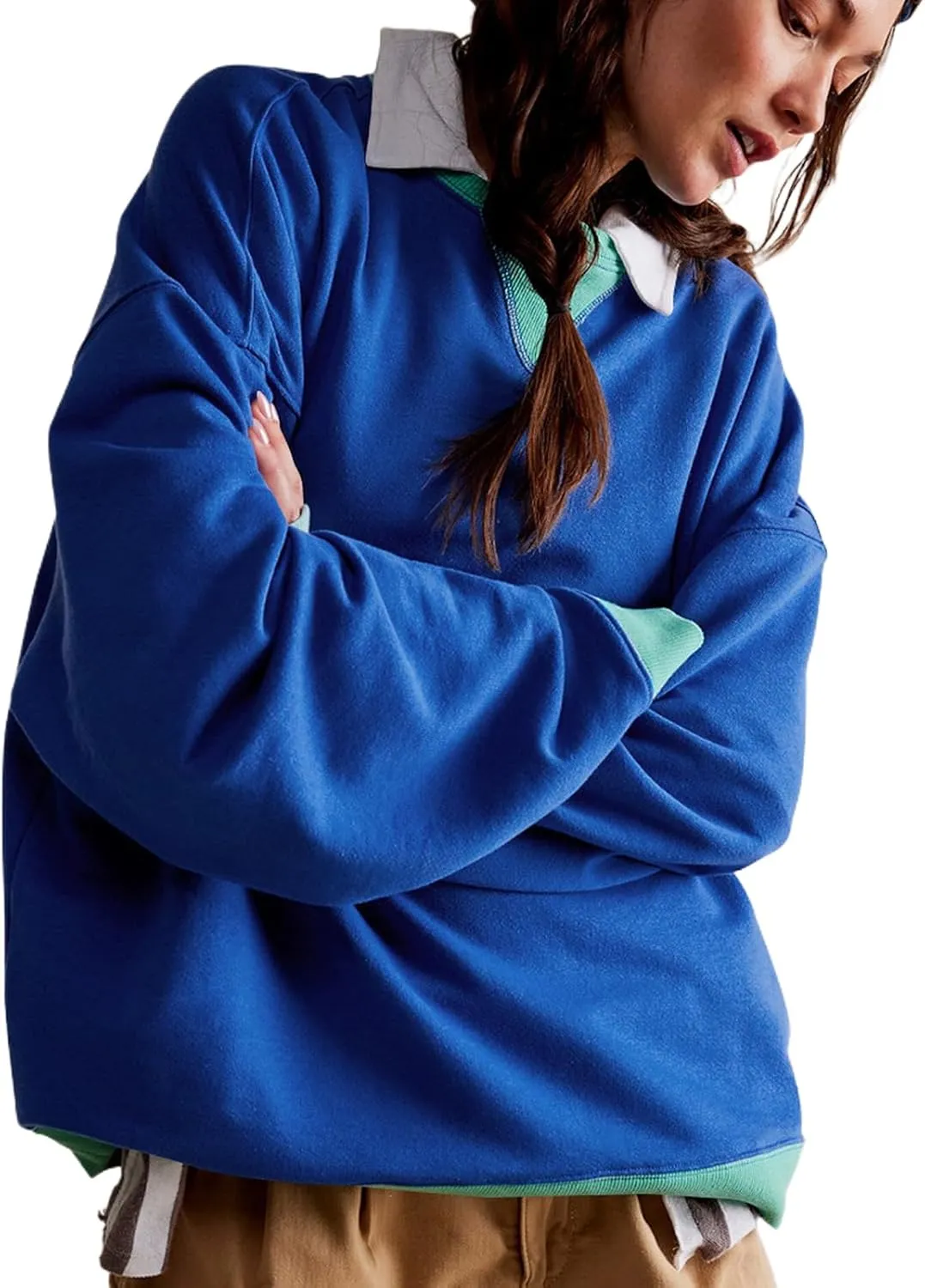 Women's Sweatshirt Fall Casual Crew Neck Pullover Loose Long Sleeve Tops Color Block Hoodies Oversized Shirts