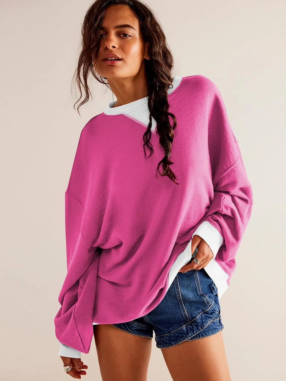 Women's Sweatshirt Fall Casual Crew Neck Pullover Loose Long Sleeve Tops Color Block Hoodies Oversized Shirts
