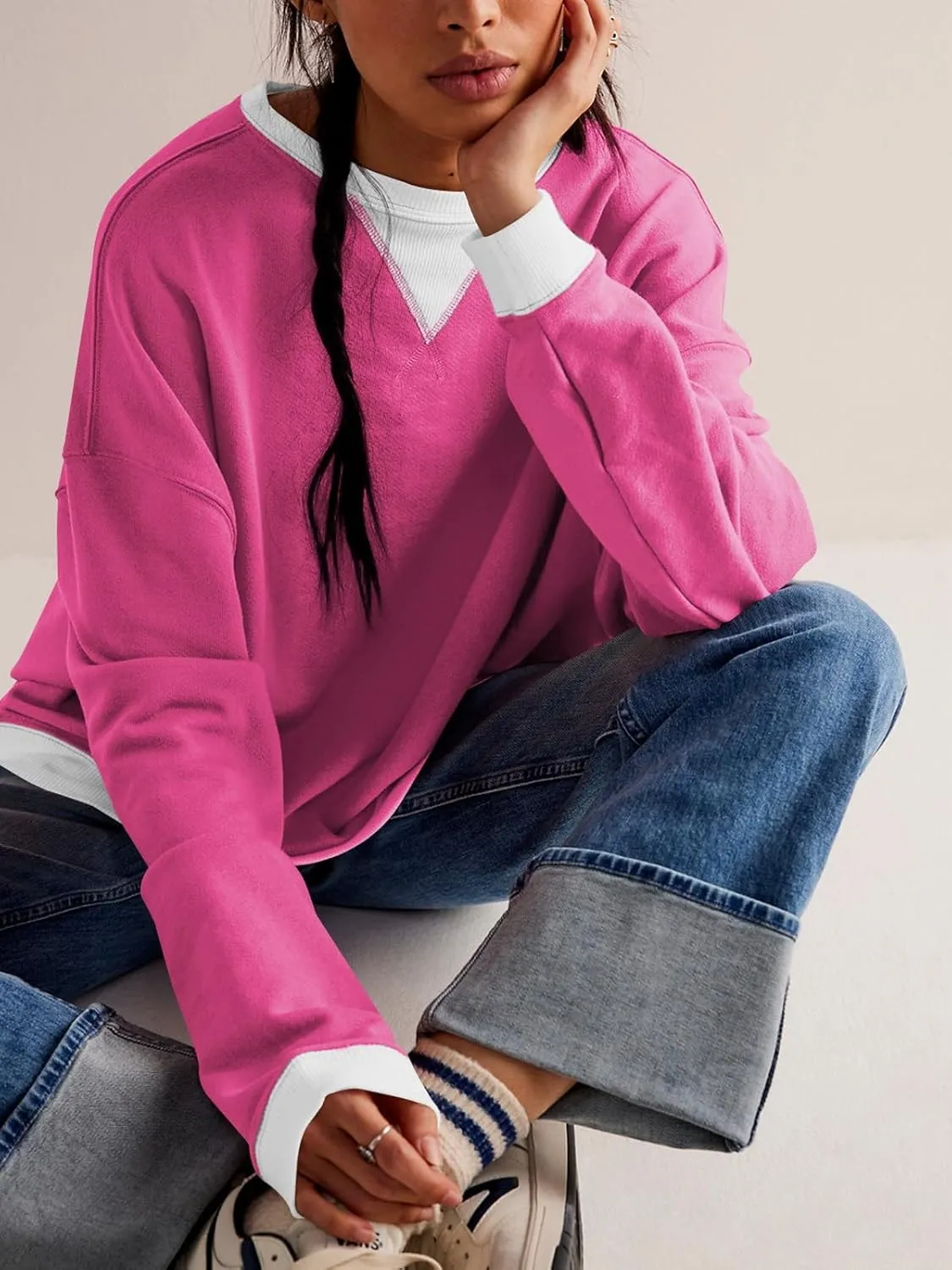 Women's Sweatshirt Fall Casual Crew Neck Pullover Loose Long Sleeve Tops Color Block Hoodies Oversized Shirts
