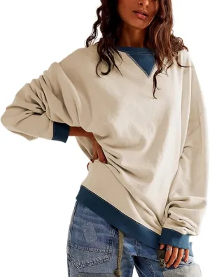 Women's Sweatshirt Fall Casual Crew Neck Pullover Loose Long Sleeve Tops Color Block Hoodies Oversized Shirts