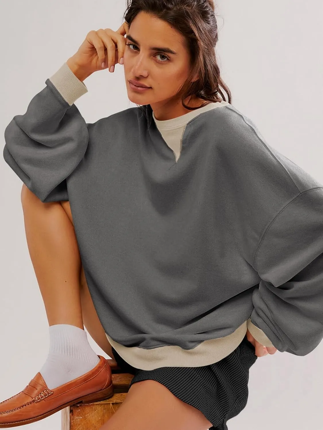 Women's Sweatshirt Fall Casual Crew Neck Pullover Loose Long Sleeve Tops Color Block Hoodies Oversized Shirts