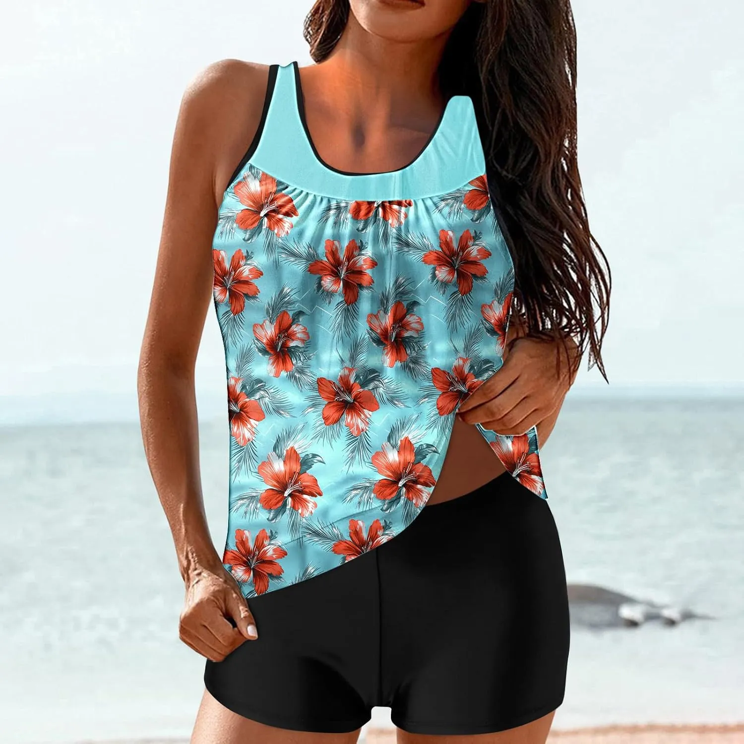 Womens Swimwear Beach Tankini Shorts Match Tops Vests Two Piece Color Block Modest Bathing Suit Sets for Women Casual
