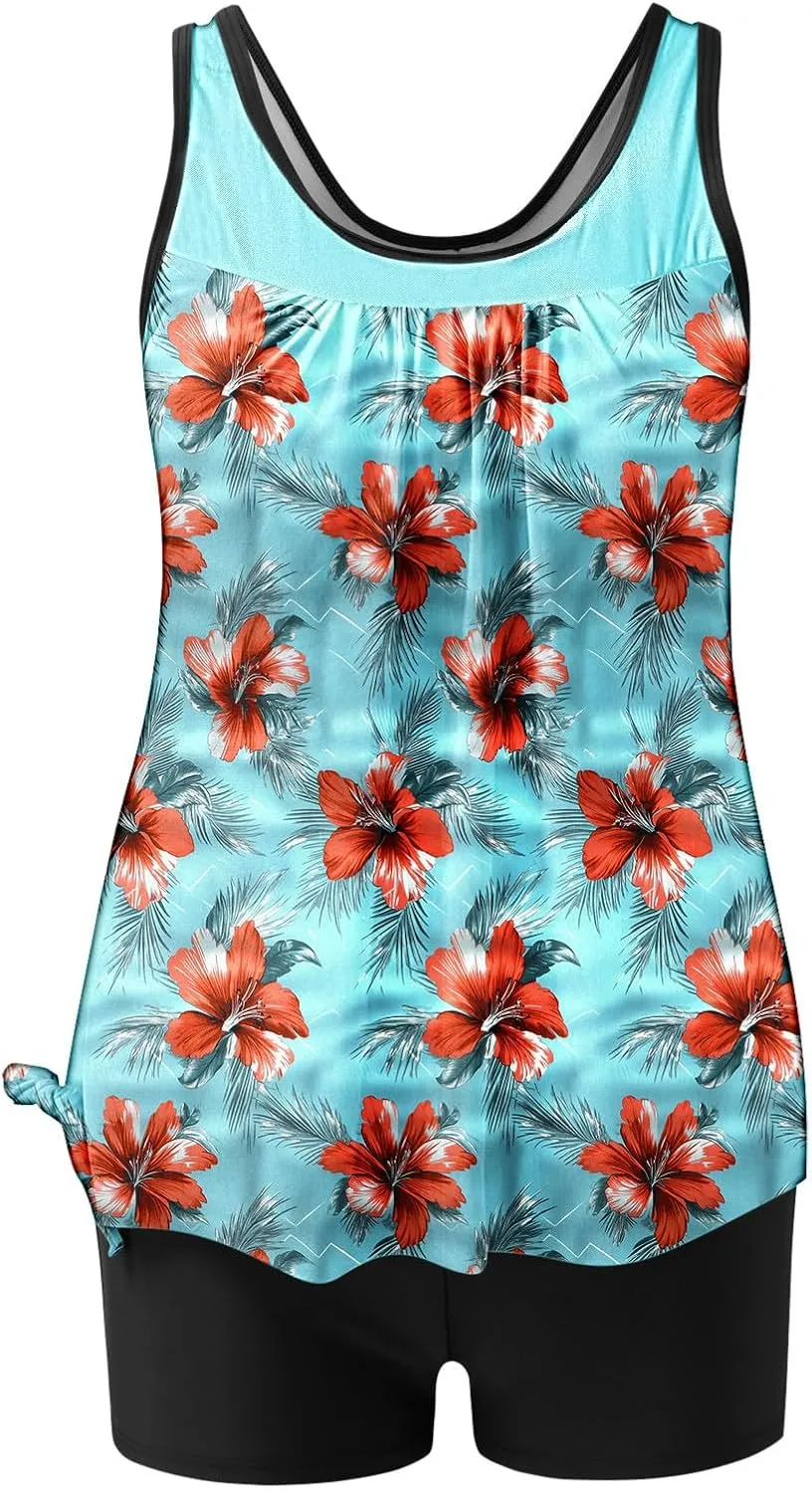 Womens Swimwear Beach Tankini Shorts Match Tops Vests Two Piece Color Block Modest Bathing Suit Sets for Women Casual