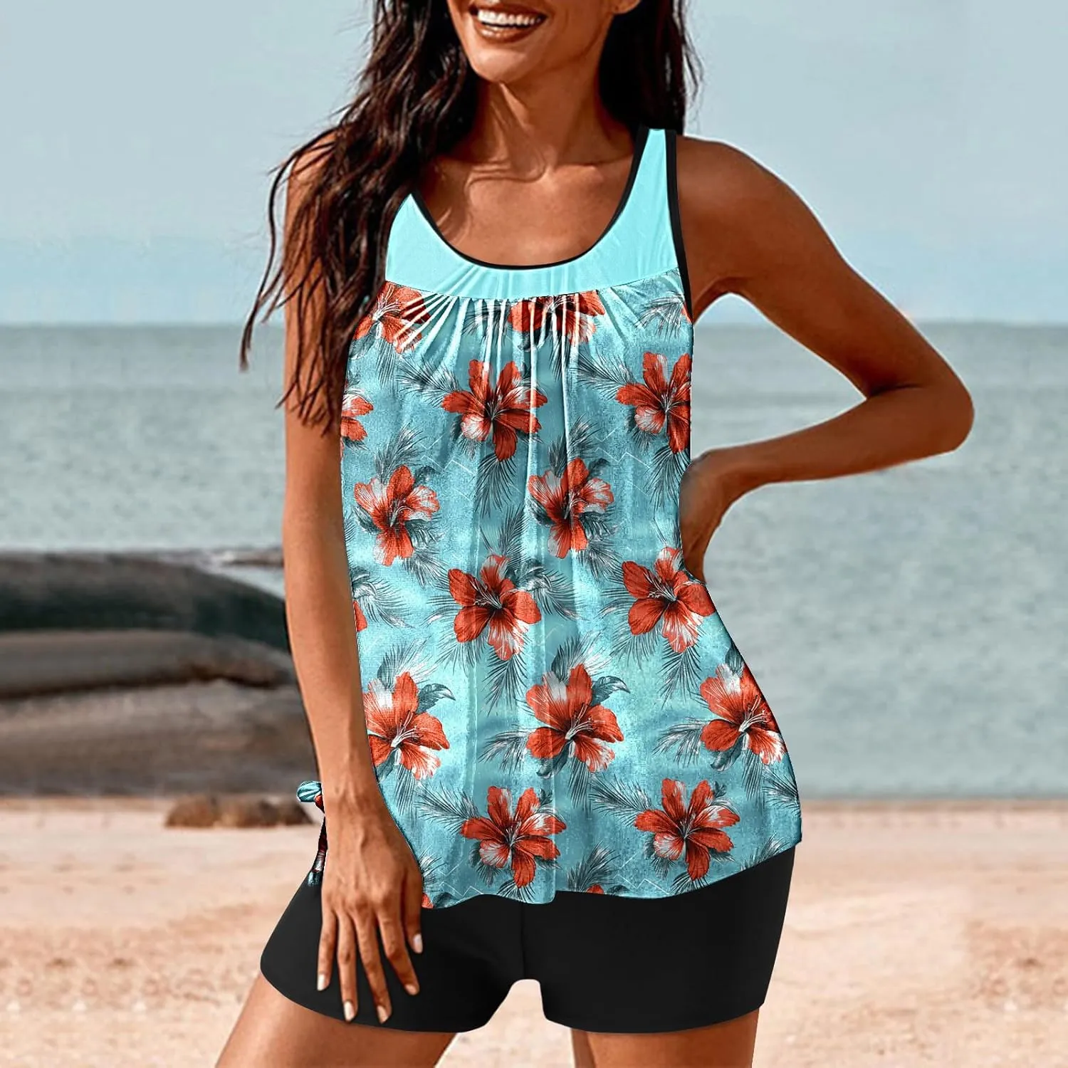 Womens Swimwear Beach Tankini Shorts Match Tops Vests Two Piece Color Block Modest Bathing Suit Sets for Women Casual
