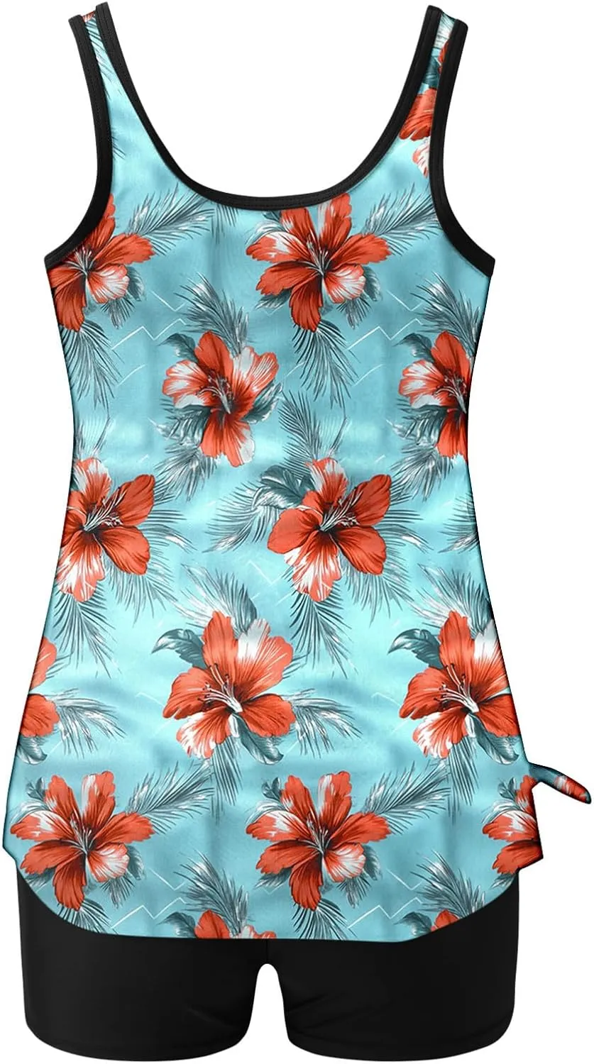 Womens Swimwear Beach Tankini Shorts Match Tops Vests Two Piece Color Block Modest Bathing Suit Sets for Women Casual