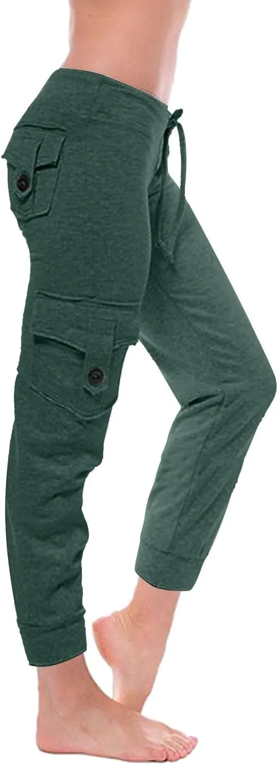 Womens Tapered Yoga Pants Butt Lifting Athletic Pant Stretch High Waisted Pants Button Up Cargo Pant with Pockets