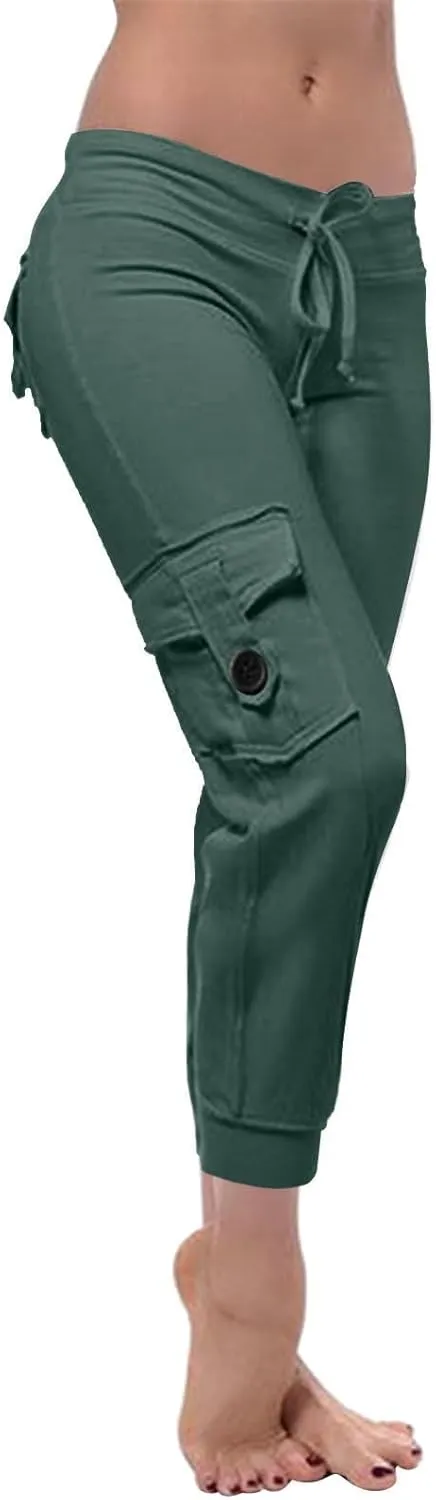 Womens Tapered Yoga Pants Butt Lifting Athletic Pant Stretch High Waisted Pants Button Up Cargo Pant with Pockets