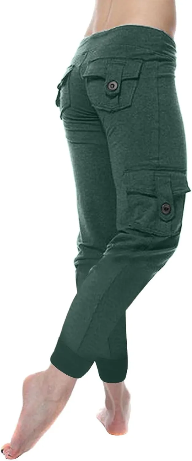 Womens Tapered Yoga Pants Butt Lifting Athletic Pant Stretch High Waisted Pants Button Up Cargo Pant with Pockets