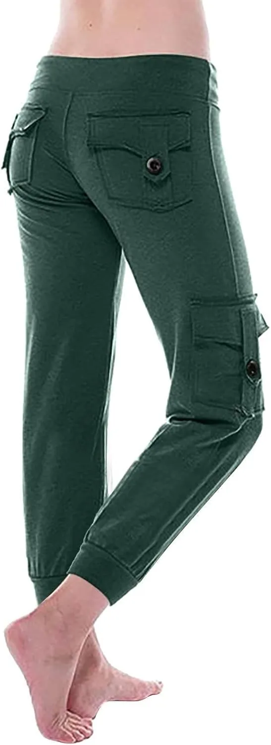 Womens Tapered Yoga Pants Butt Lifting Athletic Pant Stretch High Waisted Pants Button Up Cargo Pant with Pockets