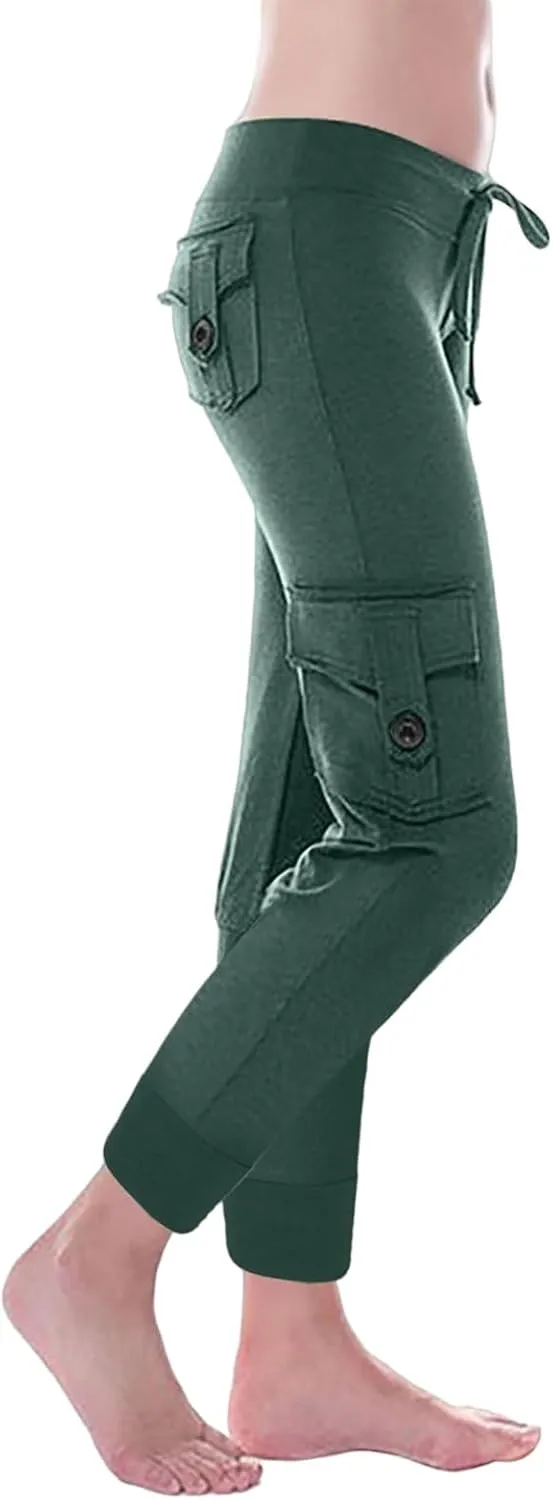 Womens Tapered Yoga Pants Butt Lifting Athletic Pant Stretch High Waisted Pants Button Up Cargo Pant with Pockets