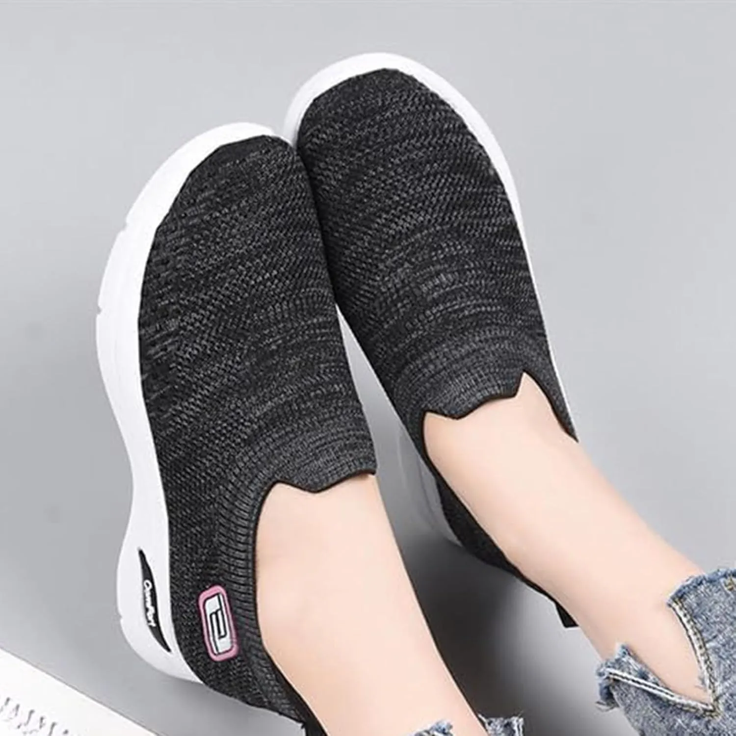 Womens Tennis Shoes Soft Knitted Fabric Mesh Casual Non Slip Sneakers Breathable Lightweight with Arch Support Slip On Walking Shoes Comfort Wear Orthowear Shoe