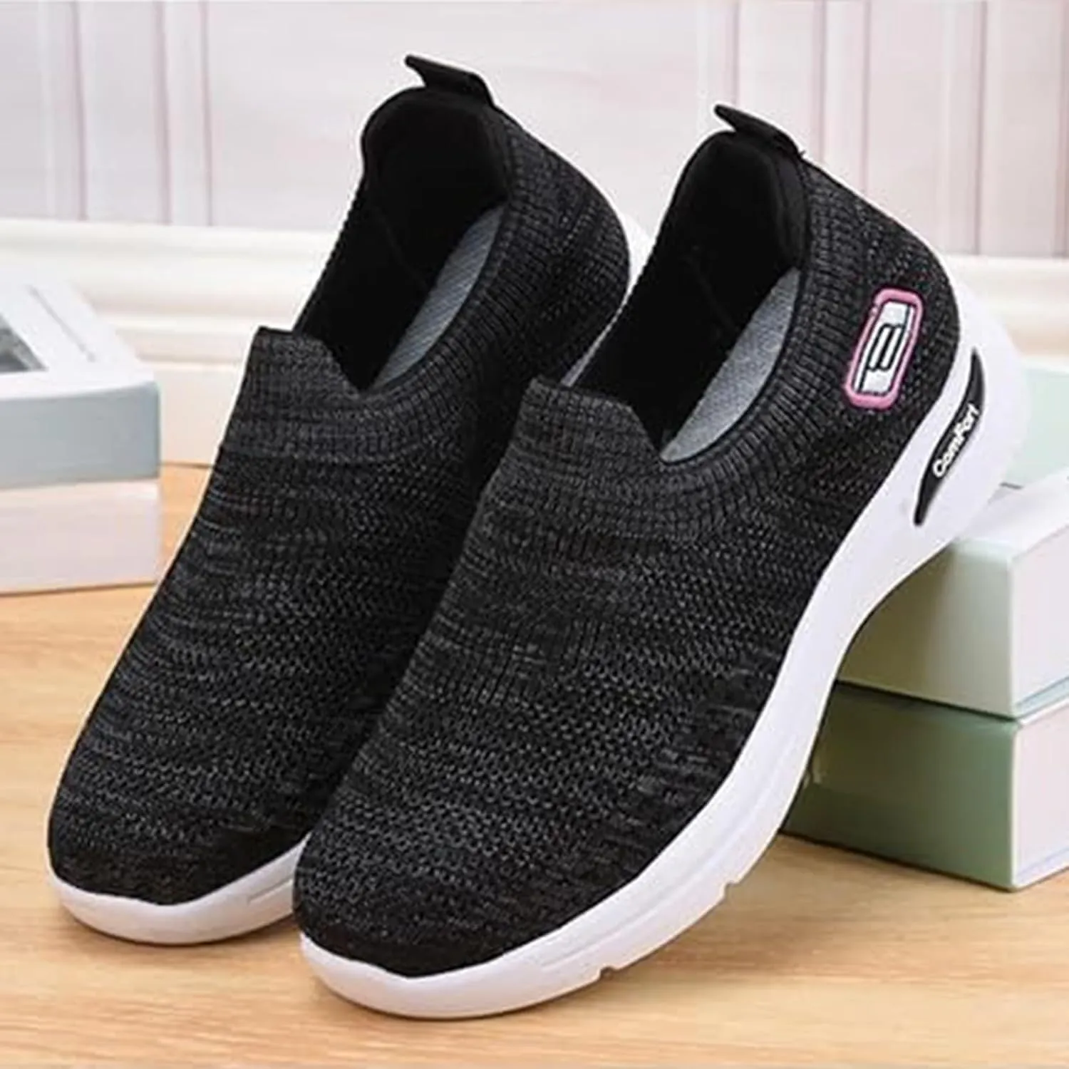Womens Tennis Shoes Soft Knitted Fabric Mesh Casual Non Slip Sneakers Breathable Lightweight with Arch Support Slip On Walking Shoes Comfort Wear Orthowear Shoe