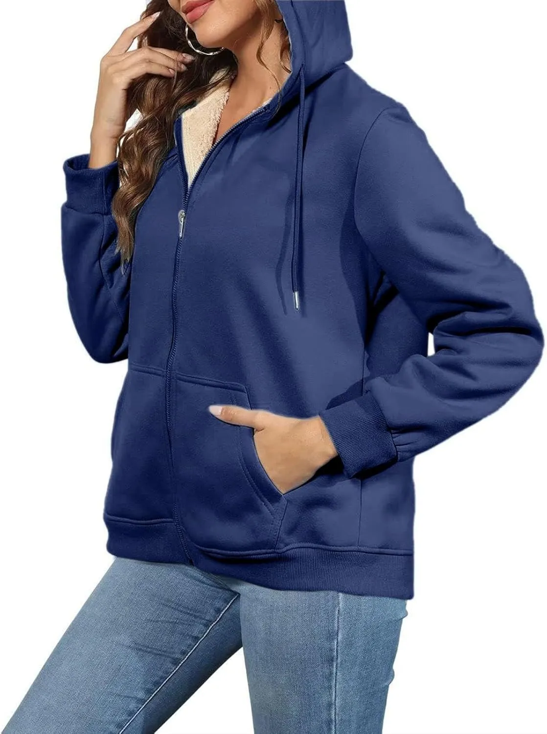 Womens Thick Wool Zip Up Hoodies Long Sleeve Sweatshirts Winter Fall Outfits Oversized Sweaters Casual