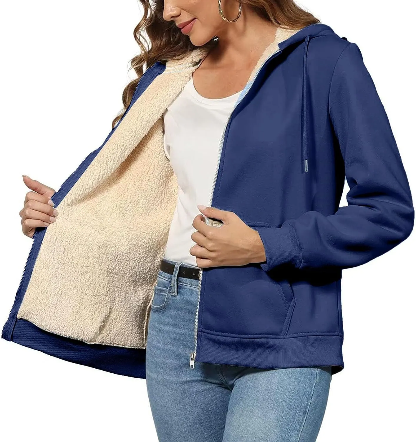 Womens Thick Wool Zip Up Hoodies Long Sleeve Sweatshirts Winter Fall Outfits Oversized Sweaters Casual