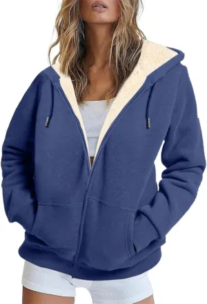 Womens Thick Wool Zip Up Hoodies Long Sleeve Sweatshirts Winter Fall Outfits Oversized Sweaters Casual