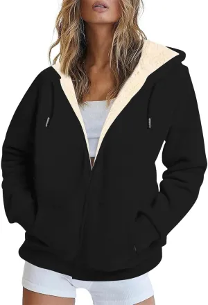 Womens Thick Wool Zip Up Hoodies Long Sleeve Sweatshirts Winter Fall Outfits Oversized Sweaters Casual