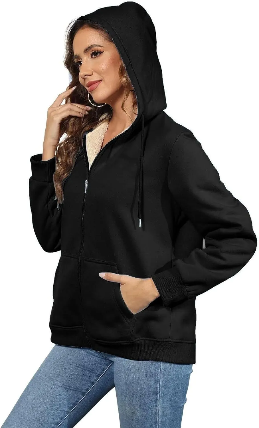 Womens Thick Wool Zip Up Hoodies Long Sleeve Sweatshirts Winter Fall Outfits Oversized Sweaters Casual