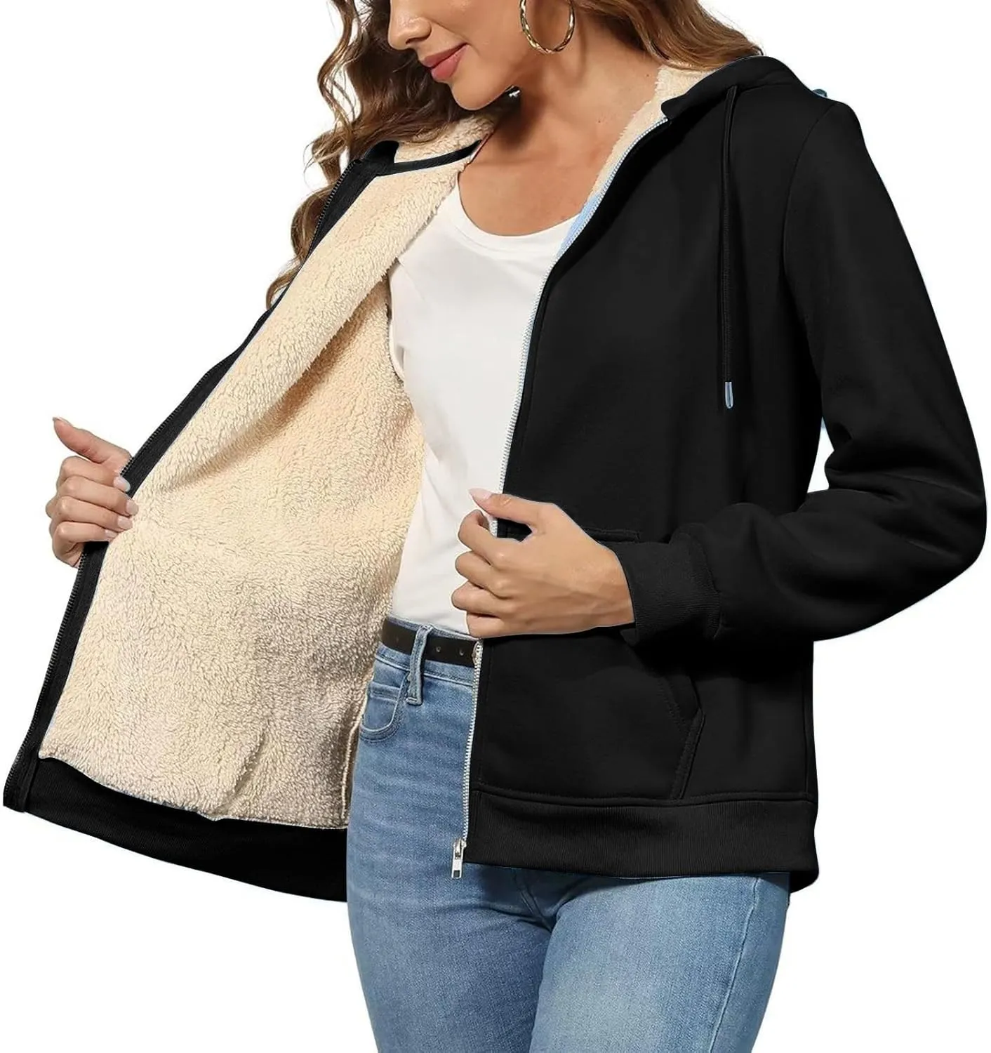 Womens Thick Wool Zip Up Hoodies Long Sleeve Sweatshirts Winter Fall Outfits Oversized Sweaters Casual