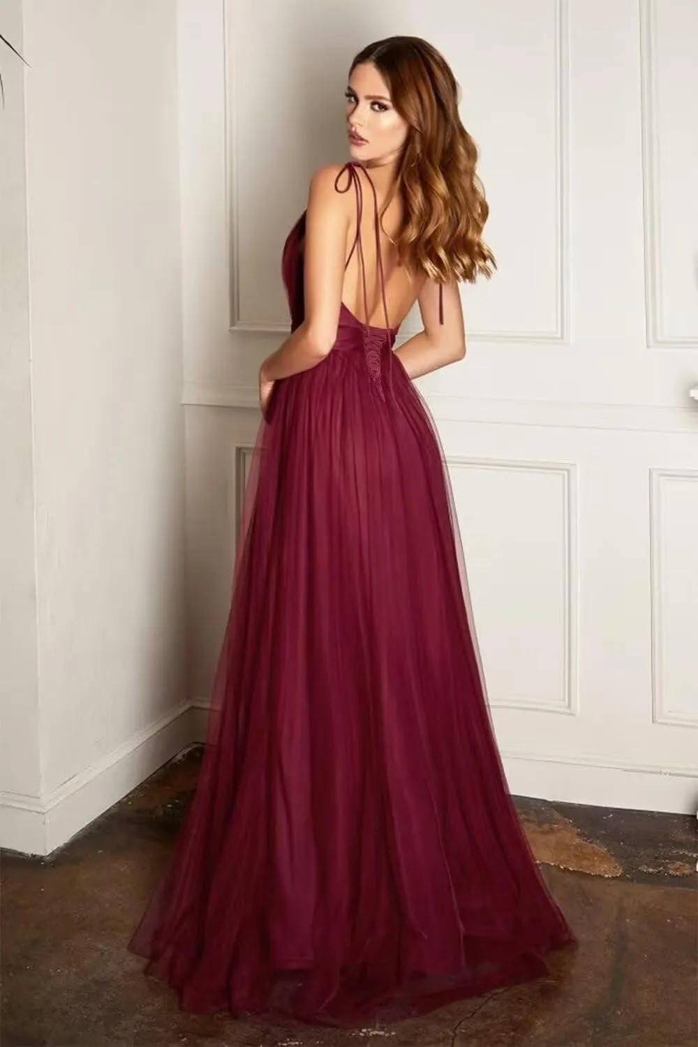 Womens Tulle Long Prom Dresses Spaghetti Strap Deep V-Neck Split Formal Evening Wedding Party Gowns