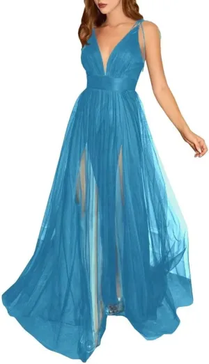 Womens Tulle Long Prom Dresses Spaghetti Strap Deep V-Neck Split Formal Evening Wedding Party Gowns