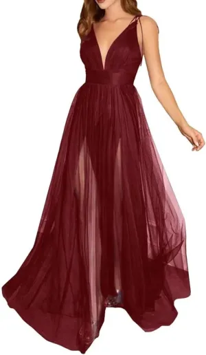 Womens Tulle Long Prom Dresses Spaghetti Strap Deep V-Neck Split Formal Evening Wedding Party Gowns
