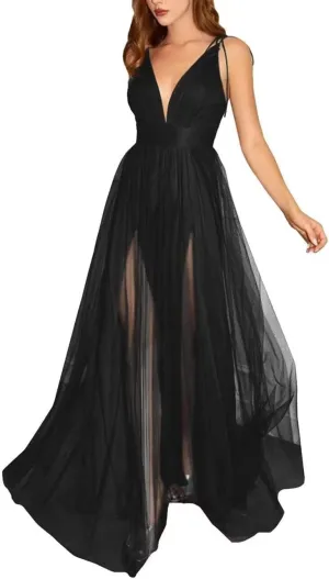 Womens Tulle Long Prom Dresses Spaghetti Strap Deep V-Neck Split Formal Evening Wedding Party Gowns