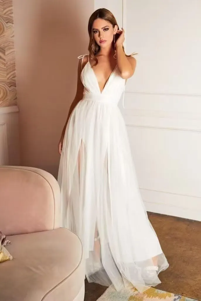 Womens Tulle Long Prom Dresses Spaghetti Strap Deep V-Neck Split Formal Evening Wedding Party Gowns