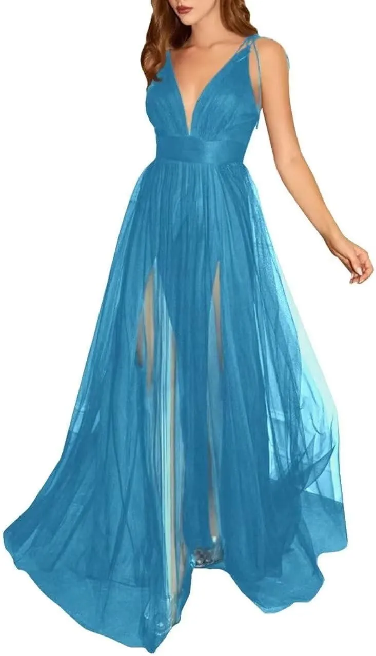 Womens Tulle Long Prom Dresses Spaghetti Strap Deep V-Neck Split Formal Evening Wedding Party Gowns