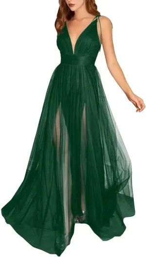 Womens Tulle Long Prom Dresses Spaghetti Strap Deep V-Neck Split Formal Evening Wedding Party Gowns