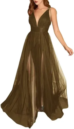 Womens Tulle Long Prom Dresses Spaghetti Strap Deep V-Neck Split Formal Evening Wedding Party Gowns